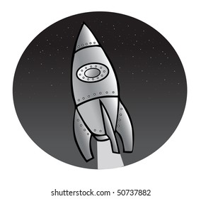 cartoon vector gray scale illustration rocket in space