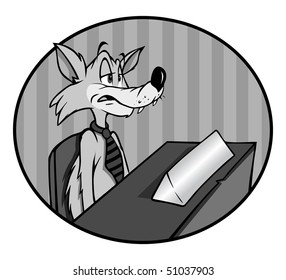 cartoon vector gray scale illustration wolf desk