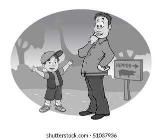 cartoon vector gray scale illustration father son zoo trip
