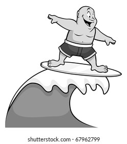 cartoon vector gray scale illustration of a fat surfer