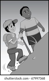 cartoon vector gray scale illustration of boy hikers