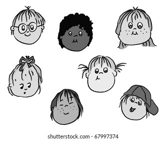cartoon vector gray scale illustration of preschool kids faces
