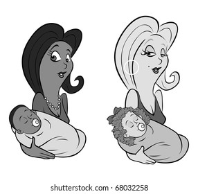 cartoon vector gray scale illustration of mothers cradling babies