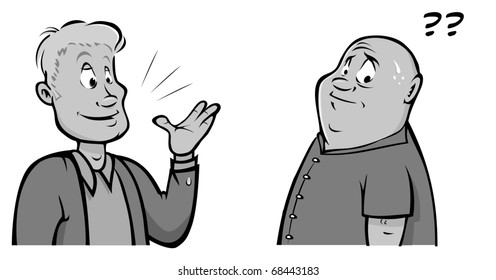 cartoon vector gray scale illustration of a man speaking with bald guy
