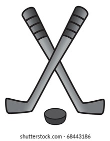 cartoon vector gray scale illustration of a hockey puck and stick