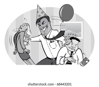 cartoon vector gray scale illustration of an office party