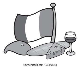 cartoon vector gray scale illustration of French flag and icons