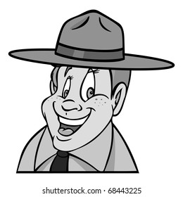 cartoon vector gray scale illustration of a boy scout ranger