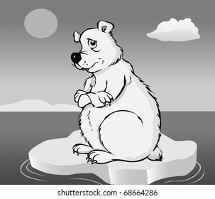 Cartoon Vector Gray Scale Illustration Of A Polar Bear On Melting Sheet Of Ice