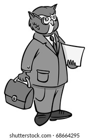 cartoon vector gray scale illustration of a professor owl