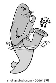 cartoon vector gray scale illustration of a seal playing saxophone