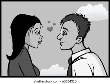 cartoon vector gray scale illustration of a guy and girl love gazing