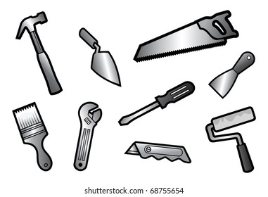 cartoon vector gray scale illustration of a tools collection