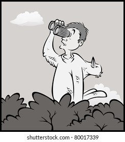 cartoon vector grayscale illustration of a birdwatcher in disguise