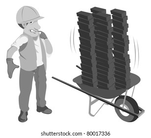 cartoon vector grayscale illustration of a construction worker wheelbarrow