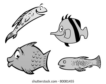 cartoon vector grayscale illustration of a fish collection