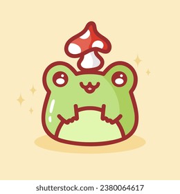 Cartoon Vector of Green cute baby frog isolated on white background. Cute Frog with Mushroom. Plump Frog with Fly Agaric. Sticker, Mascot