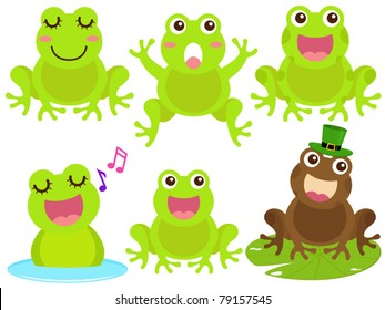 Cartoon Vector of Green frog in the pond theme in different positions. A set of cute and colorful icon collection isolated on white background