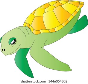 Cartoon vector green sea turtle with a golden shell. 