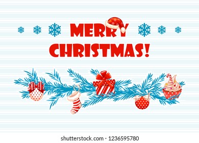 Cartoon vector greeting blue card Merry Christmas