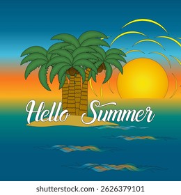 Cartoon vector greeting card with tropical island scene with coconut palms, sun, sunset and ocean waves. Hello Summer inscription. Ideal for holiday and vacation banner, or summertime activity design.
