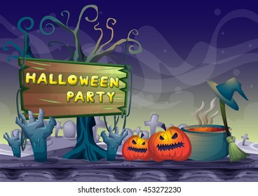 cartoon vector halloween background with separated layers for game and animation, game design asset