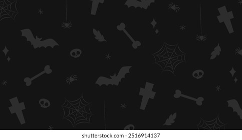 Cartoon Vektor Halloween Hintergrund mit Formen von Fledermaus, Knochen, Schädel, Spinne, Spinnennetz, Kreuze, funkelt, etc. in schwarz-weißen Farben.