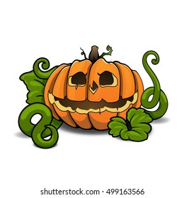 Cartoon vector halloween pumpkin with green leaf on white background.
