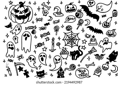 Cartoon vector Halloween set with candy witch brooms skull potion pumpkin magic pots scull spider web bones witch hat scythe scary eyes and ghosts black cats and bats on trick or treat theme