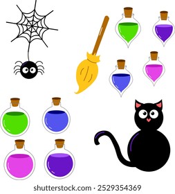 Vector de la historieta halloween conjunto de gato negro aislado, pociones, escoba de bruja, araña en el fondo blanco
