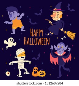 Cartoon vector halloween stickers: mummy, witch, vampire, ghost, pumpkin, bat, zombie