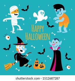 Cartoon vector halloween stickers: mummy, witch, vampire, ghost, pumpkin, bat, zombie