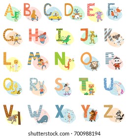 Cartoon vector hand drawn animals English language alphabet letters