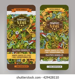 Cartoon vector hand drawn camping doodle corporate identity. 2 vertical banners design. Templates set