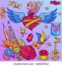 Cartoon vector hand drawn. Colorful detailed design background with objects and symbols. All objects are separated