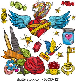 Cartoon vector hand drawn. Colorful detailed design background with objects and symbols. All objects are separated