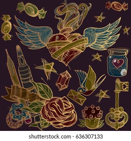 Cartoon vector hand drawn. Colorful detailed design background with objects and symbols. All objects are separated