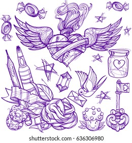 Cartoon vector hand drawn. Colorless detailed design background with objects and symbols. All objects are separated