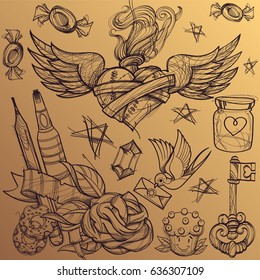 Cartoon vector hand drawn. Colorless detailed design background with objects and symbols. All objects are separated
