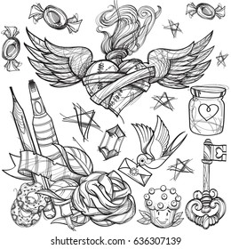Cartoon vector hand drawn. Colorless detailed design background with objects and symbols. All objects are separated