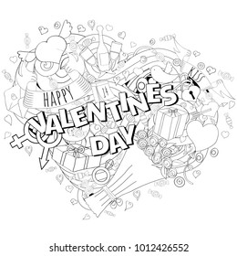Cartoon vector hand drawn Doodle Happy Valentine's day illustration. Colorful detailed design background with objects and symbols for cards, prints, flyers, banners, invitations.
