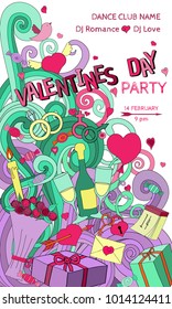 Cartoon vector hand drawn Doodle Valentine's day illustration. Colorful detailed design background with objects and symbols of love for cards, prints, flyers, banners, invitations.