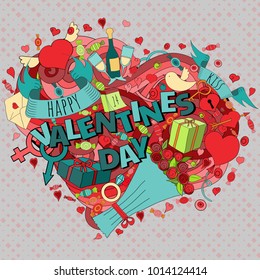 Cartoon vector hand drawn Doodle  Happy Valentine's day illustration. Colorful detailed design background with objects and symbols for cards, prints, flyers, banners, invitations.