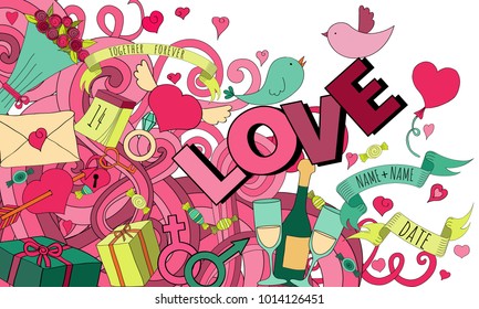 Cartoon vector hand drawn Doodle Love illustration. Colorful detailed design background with objects and symbols of love for cards, prints, flyers, banners, invitations.