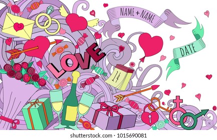 Cartoon vector hand drawn Doodle Love illustration. Colorful detailed design background with objects and symbols of love for cards, prints, flyers, banners, invitations.
