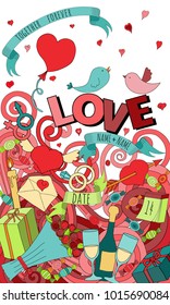 Cartoon vector hand drawn Doodle Love illustration. Colorful detailed design background with objects and symbols of love for cards, prints, flyers, banners, invitations.