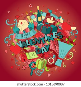 Cartoon vector hand drawn Doodle  Happy Valentine's day illustration. Colorful detailed design background with objects and symbols for cards, prints, flyers, banners, invitations. - Shutterstock ID 1015690087