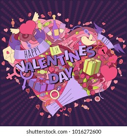 Cartoon vector hand drawn Doodle  Happy Valentine's day illustration. Colorful detailed design background with objects and symbols for cards, prints, flyers, banners, invitations.