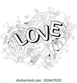 Cartoon vector hand drawn Doodle Love  illustration. Detailed design background with objects and symbols for cards, prints, flyers, banners, invitations.