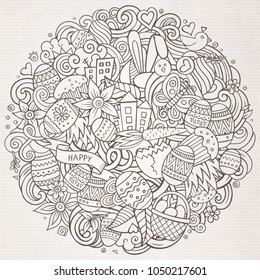 Cartoon vector hand drawn Doodle Happy Easter illustration. Line art round detailed design background with objects and symbols. All objects are separated